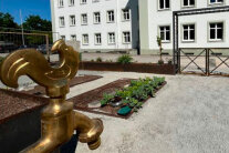 Goldener Wasserhahn auf einer Außenfläche mit Beeten