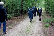 Personengruppe mit Dackeln auf Waldweg